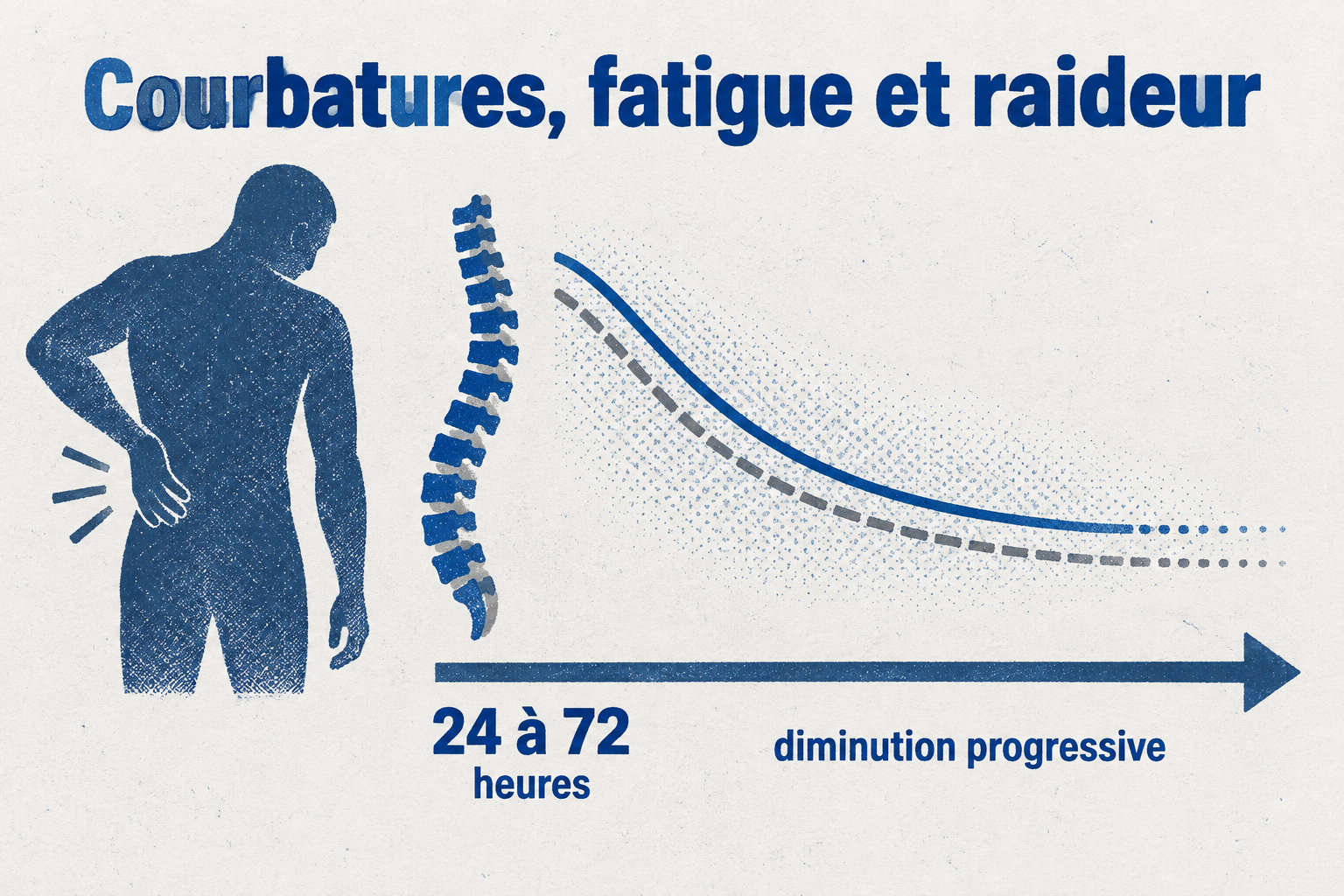 Les courbatures, la fatigue et la raideur peuvent diminuer progressivement sur une période de 24 à 72 heures, sans échéance garantie.