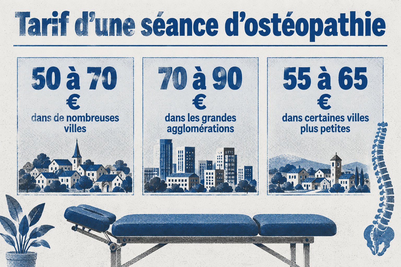 Une séance d’ostéopathie coûte généralement de 50 à 70 €, de 70 à 90 € dans les grandes agglomérations et de 55 à 65 € dans certaines villes plus petites.