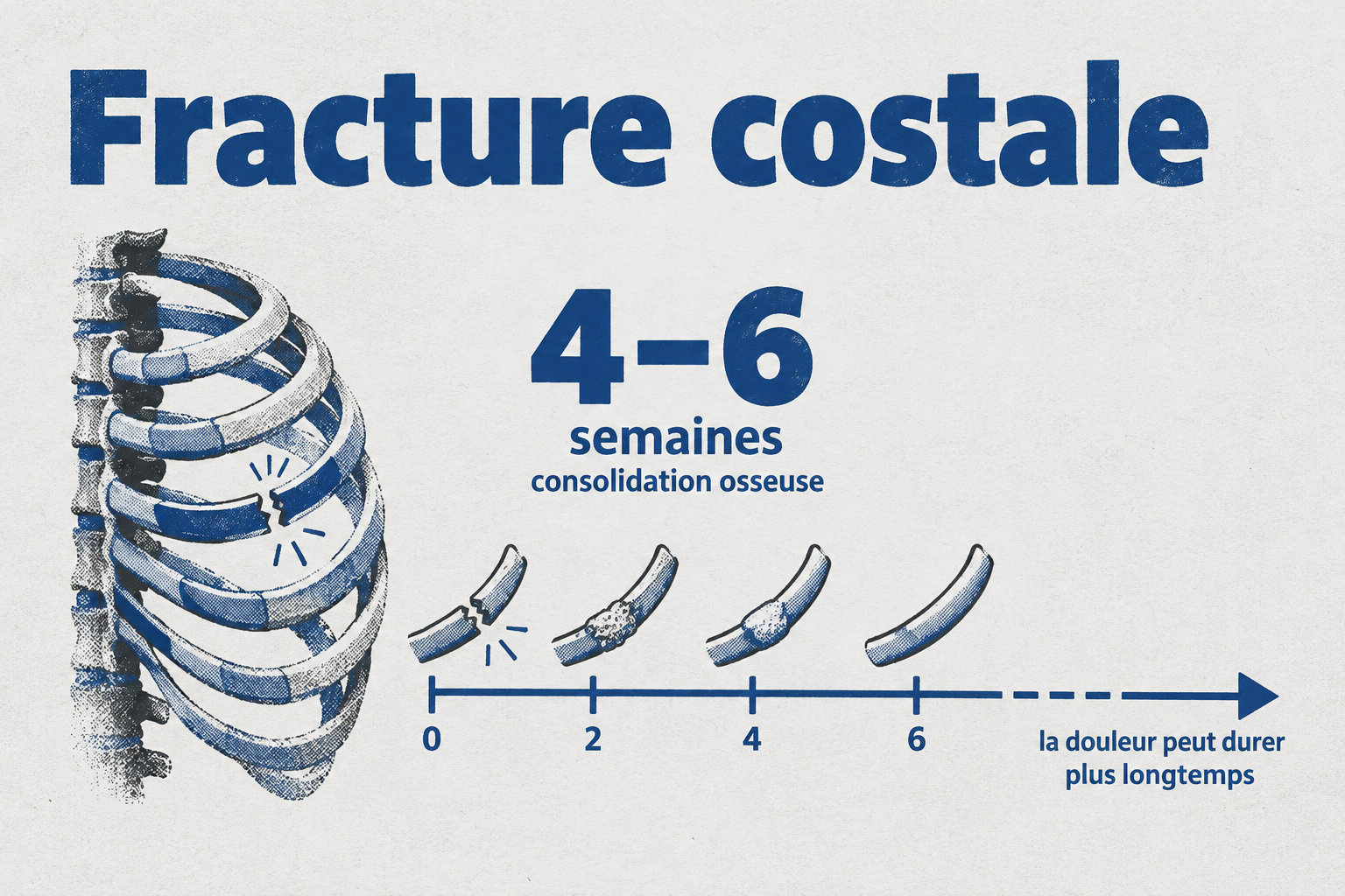 La consolidation osseuse d’une fracture costale prend souvent 4 à 6 semaines, mais la douleur peut durer plus longtemps.